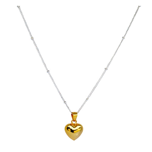 Gold Puff Heart Silver Necklace